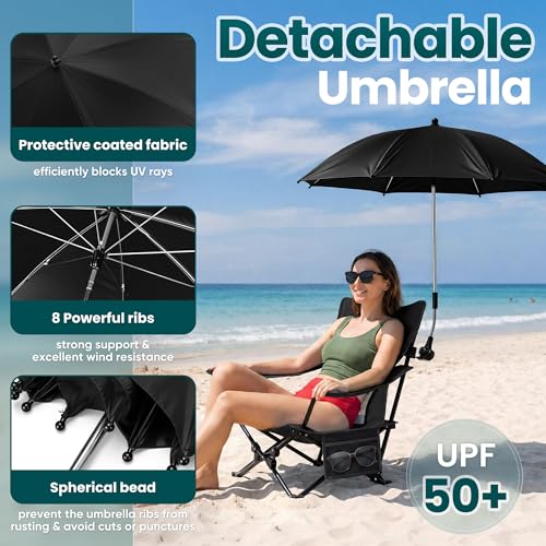 HaSteeL Low Beach Chair Set of 2, Foldable Black Camping Chair with Adjustable Umbrella Set for Adults, Lightweight Portable Lawn Chairs for Fishing, Picnic, Outdoor BBQ, Travel, Sports - color: Black Chairs + Black Umbrella