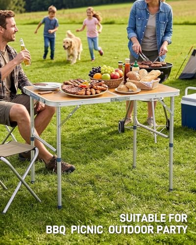 Outvita 3ft Portable Folding Camping Table, Outdoor Waterproof Adjustable Height Table, Aluminum Lightweight Suitcase Foldable Table for Picnic BBQ Beach Dining - color: Yellow, size: 35*24*28