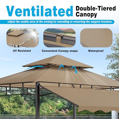 TITIMO 8'x 8' x 7.8' Double Tiered Grill Gazebo with Side Awning,Outdoor Patio BBQ Pergola, Heavy-Duty Metal Frame Canopy Tent with Side Shelves,Hooks,Bottle Opener for Lawn Deck and Garden (Khaki) - color: khaki