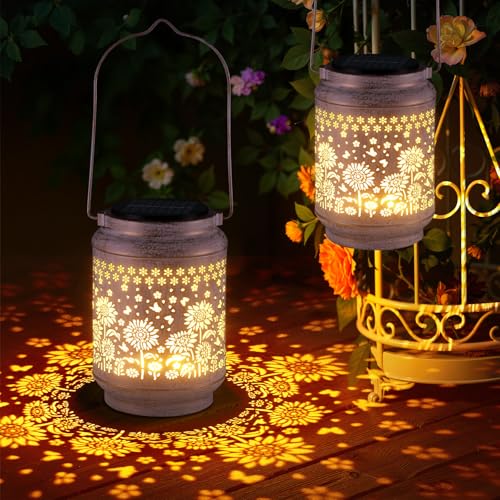 KOOPER 2 Pack Solar Lanterns Outdoor Waterproof Mothers Day Gifts for Women Mom Grandma, Metal Sunflower Hanging Solar Lantern Outdoor, 2 Modes Outdoor Decoration for Yard, Patio, Garden, Porch - size: White, style: Sunflowers