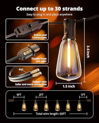 VIPAR Outdoor String Lights 60FT LED Patio Lights LED Waterproof with 26+2 Shatterproof ST38 Edison Bulbs, 2700K Connectable Outside Hanging Light for Porch, Garden, Backyard, Deck, Balcony, Decor - size: 60FT