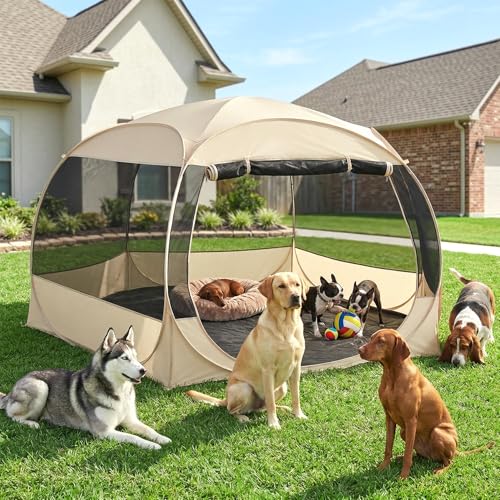 EighteenTek XXLarge Popup Portable Dog Houses, 10'x4.8'H Assembly-Free Gazebo-Style Dog Cot Cat Playpen Screen Pet Tent Sun Shade Shelter Dog Bed with Canopy for Outdoor Anti-Bugs with Leakproof Floor - color: Beige, size: XXLarge, 10' x 10' x 4.8'H