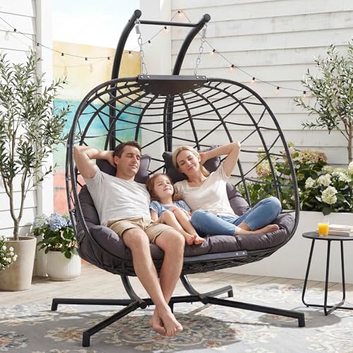 BULEXYARD Extra Large Double Hanging Egg Chair with Stand, 2 Person Outdoor Indoor Swing Chair, Heavy‑Duty Wicker Hammock Loveseat with Cushion for Patio Balcony Backyard, Dark Gray - color: Grey/Grey, size: 2 Seats (No Cover)