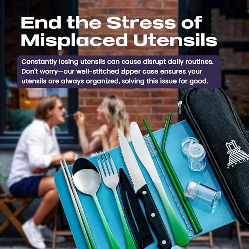 Taplord Portable Travel Silverware Set With Case - Includes 10 Pcs of Utensils, Stainless Steel Flatware For Camping, Easy to Travel, Lightweight (Green Two Tune) - color: Gradient Green, size: 10 Pieces