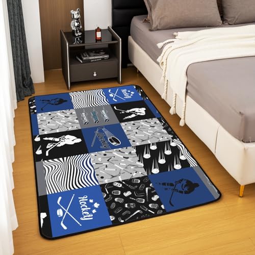 Erosebridal Ice Hockey Area Rug 6'6" x 4'11" for Boys Kids Teens,Sports Theme Carpet Blue and Gray Hockey Indoor Floor Mat,Winter Hockey Player Accent Rug Set for Living Room Bedroom Non Slip - color: Color 28, size: 4'11" x 6'6" (Rectangular)