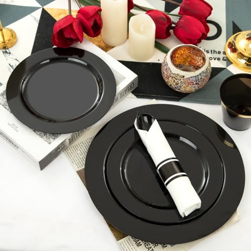EI 350pcs Black Plastic Plates Disposable Heavy Duty Plastic Dinnerware Set Pre Silverware and Napkins Set Black and Gold Cups for Party Suit for Party,Wedding,Afternoon Tea,Spring,Valentine's Day - color: Black Plastic Plates Dinnerware