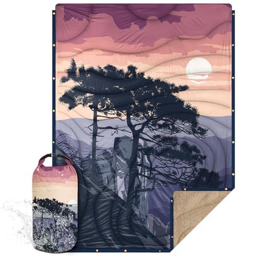 Outdoor Camping Blanket with Sherpa Lining, Extra Warm Thick Camp Blankets and Puffy Ultralight Soft Poncho DWR Camping Quilt for Cold Weather, Adventure, Sleeping, Backpacking 78"x 56" - color: Rosy Red, size: 78 x 56 inches