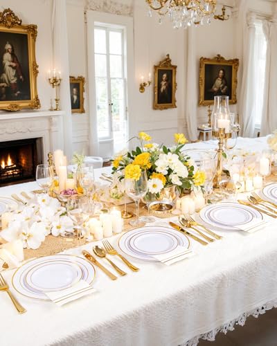 GATHER 350PCS Gold Plastic Plates - White and Gold Disposable Plastic Dinnerware Set Include 50 Dinner Plates, 50 Dessert Plate, 150 Silverware, 50 Napkins, 50 Cups for Party & Wedding - color: Gold, size: 50 Guests
