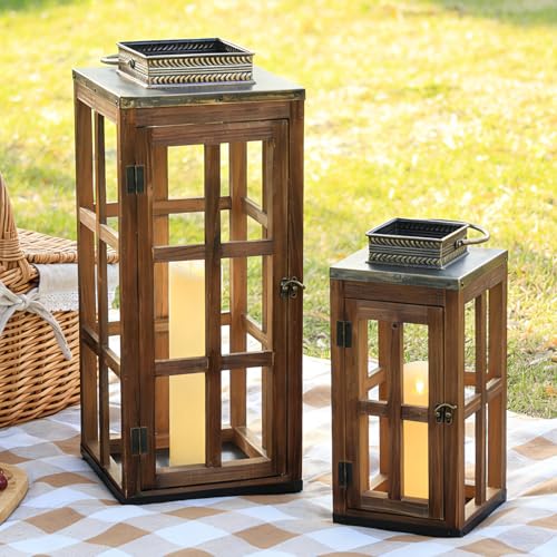 Large Farmhouse Wooden Metal Lantern Set of 2, 28''/20'' H Rustic Decorative Indoor & Outdoor Hanging Candle Lanterns, Wooden Outdoor Lanterns for Patio Front Porch Table, Dark Brown - color: Rustic Brown, size: 2 Pcs-28''/20'' H