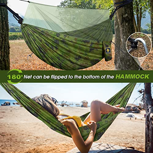 Camping Hammock with Net,Travel Portable Lightweight Hammocks with Tree Straps and Solid D-Shape Carabiners,Parachute Nylon Hammock for Outsides Backpacking Beach Backyard Patio Hiking - color: Camo, size: Large