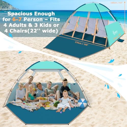 COMMOUDS Beach Tent Sun Shade for 3/4/6/8 Person, UPF 50+ Beach Sun Shelter Canopy Tent, Lightweight, Easy Set Up and Carry - color: Turquoise, size: 6 Person