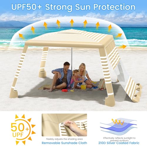 MoKo Beach Cabana, 8'×8' Large Beach Canopy with Side Wall, UPF 50+ Protection Easy Setup Beach Tent Sun Shelter, Adjustable Height Wind Resistant Cabana Beach Tent for Whole Family, Khaki Stripe - color: Khaki Stripe