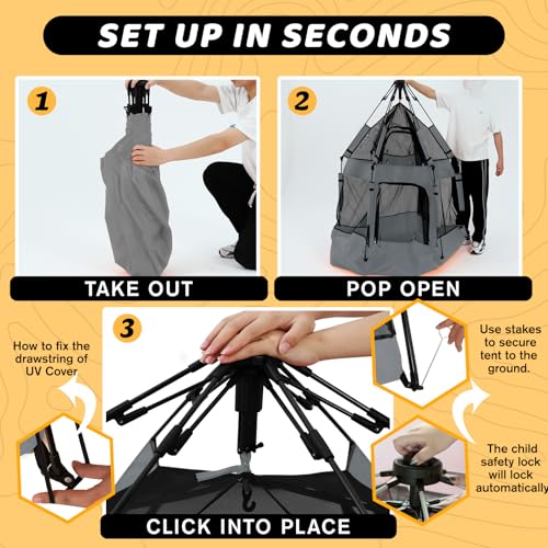 Instant Pop Up Baby Playpen with UV Canopy & Safety Lock, Portable Outdoor Beach Tent Play Yard for Toddlers, Breathable Mesh & Carry Bag, Indoor & Backyard Use (Grey) - color: Grey