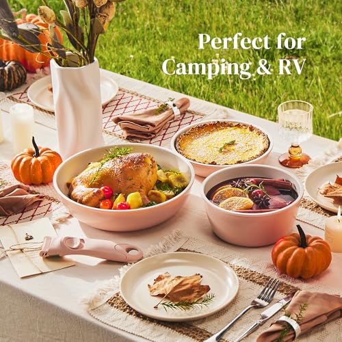 Redchef 16pcs Ceramic Pots and Pans Set Non Stick, Nonstick Kitchen Cookware Set with Detachable Handle, Non Toxic, PFAS PFOA & PTFE Free, RV Cookware Set for Camping, Dishwasher/Oven Safe (Pink) - size: 16 pcs Pink