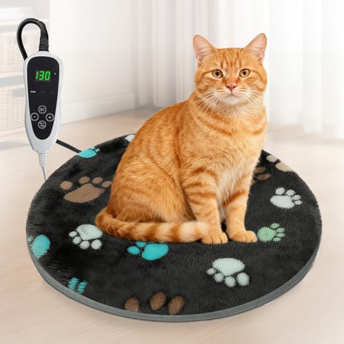 GOLOPET Cat Heating Pad Round 16in,Waterproof Outer Skin and Smart Thermostat Switch, Adjustable Heated Cat Bed, Adding Wire Rope Wires Small Dog Warming Pad-Black - size: 16.0"L x 16.0"W x 0.5"Th