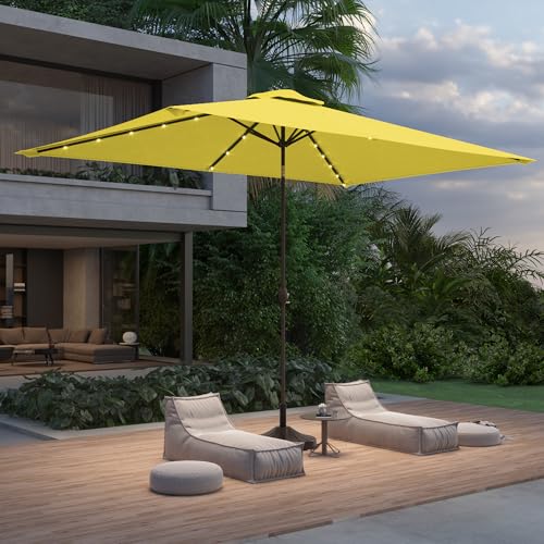 Rectangle Patio Umbrella with Solar Lights, 10 x 6.5ft Rectangular Outdoor Umbrella Table Market Patio Umbrella with Push Button Tilt and Crank for Garden, Deck, Backyard, Pool - color: Yellow