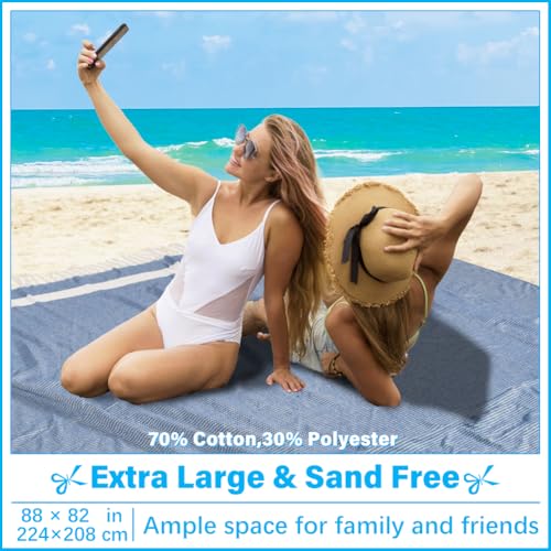 Vikumond Oversized Turkish Beach Towel Blanket XXL Cotton Sandproof Towels Boho Woven Extra Large Big Sand Free Giant Throw Blankets Huge Quilt XL Picnic Camping Necessities Cloud for Adult Gifts - color: Cten Dark Blue, size: XXXL(88x82 IN,224x208 CM)