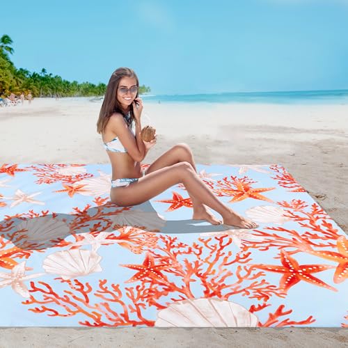 Beach Blanket, Waterproof Sandproof Beach Blanket with 4 Stakes & 4 Pockets, 78''×86'' Large Compact Lightweight Sand Free Outdoor Mat Essentials for Camping, Travel, Hiking - color: Red Starfish, size: 6.5x7.2 FT (1～4 person)