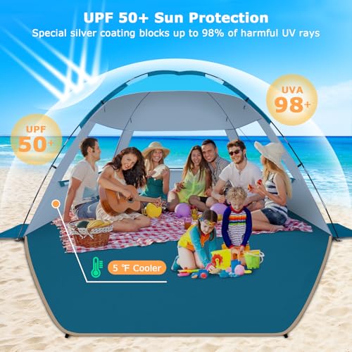 COMMOUDS Beach Tent Sun Shade for 3/4/6/8 Person, UPF 50+ Beach Sun Shelter Canopy Tent, Lightweight, Easy Set Up and Carry - color: Blue, size: 8 Person