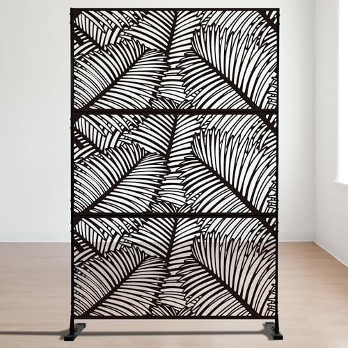 Kozyard Metal Privacy Screen 74" H x 47.2" W Decorative Outdoor Divider with Stand Panels Freestanding Screen Set for Deck Patio Balcony Garden Outdoor&Indoor (Black/Palm Leaf) - color: Black/Palm Leaf