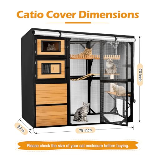Catio Cover, 79" L x 39" W x 70" H Waterproof Cover for Outdoor Cat Enclosure, 420D Cat Cage Cover for FunXplore Cats Catios, Black (Catio Not Included) - size: 79.0"L x 39.0"W x 70.0"H