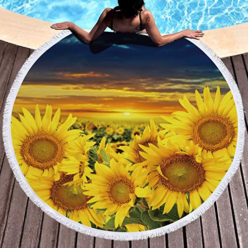 Violet Mist Sunflower Round Beach Blanket 60" x 60" Soft Microfibre Circular Beach Towel Throw with Fringe Large Sand Free Circle Beach Blanket with Tassels for Women Travel Swimming Pool Picnic Towel - color: Sunflower