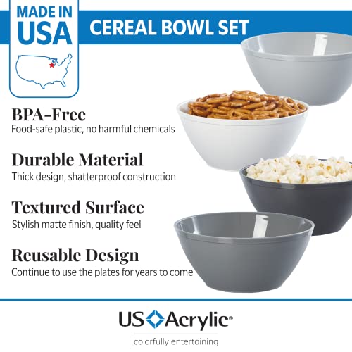 US Acrylic Unbreakable 28 oz. Plastic Stackable Cereal Bowls for Snacks & Ice Cream in Grey Colors (Set of 8) 6-inch Reusable, BPA-Free, Made in the USA, Dishwasher Safe Dinnerware