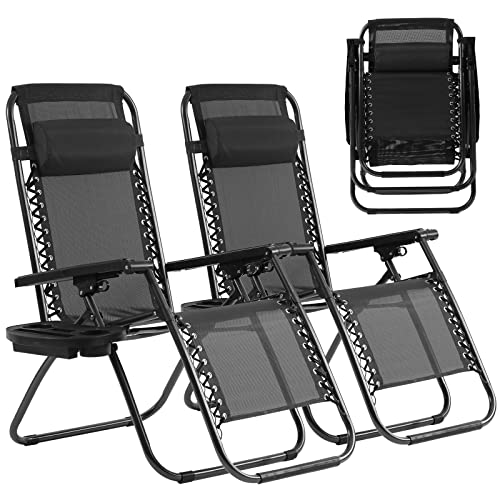 Zero Gravity Chair Set of 2, Folding Lounge Chair Adjustable Reclining Chair Camping Lawn Chair w/Pillow and Cup Holder Tray, Folding Chair Outdoor Chair - Comfortable & Breathable, Black - size: 2 Piece