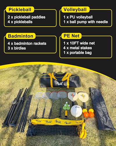 3-in-1 Portable Badminton, Volleyball & Pickleball Net Set for Adults, Adjustable Height 34"–7 ft for Backyards or Beach, Outdoor Sports Combo with Carry Bag, Rackets, Paddles & Balls - style: 17 ft wide Net