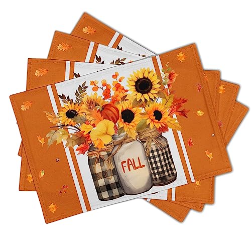 Sunflower Fall Placemats Set of 4, Linen Buffalo Check Plaid Autumn Flower Leaves Table Place Mats for Farmhouse Holiday Harvest Thanksgiving Kitchen Dining Party Decor 12x18 Inch - color: Fall Sunflower