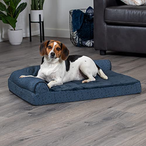 Furhaven Cooling Gel Dog Bed for Medium/Small Dogs w/ Removable Bolsters & Washable Cover, For Dogs Up to 35 lbs - Plush & Almond Print L Shaped Chaise - Blue Almonds, Medium - color: (Plush & Almond Print) Blue Almonds, size: Medium