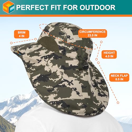 SUN CUBE Wide Brim Sun Hat with Neck Flap, UPF50+ Hiking Safari Fishing Hat for Men Women, Sun Protection Beach Hat - color: Green Camo
