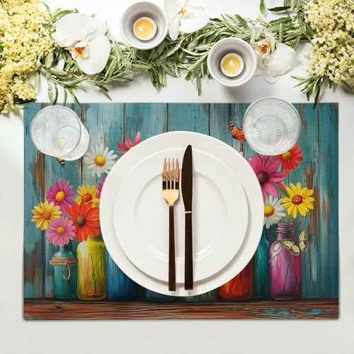 Colorful Daisy Flowers Placemat Set of 4, 12x18 Inch Floral Vase Botanical Rustic Linen Washable Table Mats for Farmhouse Dining Kitchen Picnics Outdoor Indoor Tablescapes Decor - color: Colorful Daisy Jar