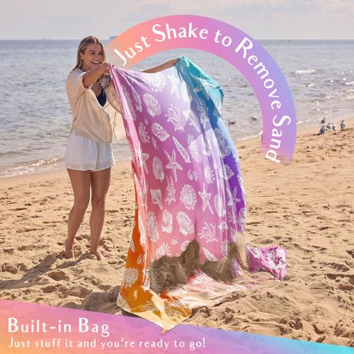 WEKAPO Beach Blanket Waterproof Sandproof Oversized, Extra Large Beach Mat Sand Free, Lightweight & Compact Sand Free Mat with 5 Stakes & 4 Corner Pockets - color: Gradient-pinkpurple Sea Shells, size: 8 x 7 FT (1～4 person)