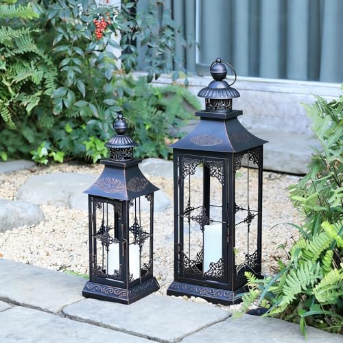 LED Lanterns Decorative Outdoor&Indoor, 23'' 16‘’ Large Black Lanterns Set with 2 Flameless Candles, Metal Holders for Porch, Patio, Garden, Home, Fireplace, Christmas Decorations Decor - color: 23‘’ + 15‘’ / Timer
