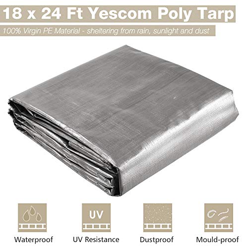Yescom 18x24FT 14-Mil Plastic Tarp Waterproof Heavy Duty Tarpaulin with Eyelets Reversible Tear Resistant Shade Canopy Boat Pickup Truck Bed Cover - color: 14mil-1pc-silver, size: 18X24 Ft