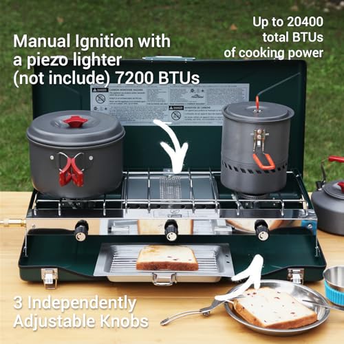 FineFlame Camping Stove, Propane Portable Camp Stove with Regulator, Push-Button Instant Ignition, Adjustable Burners & Wind Guards for Car BBQ Picnics Outdoor Camping Cooking (20400 BTUs- 3 Burners) - color: Green-3 burner-20400BTU