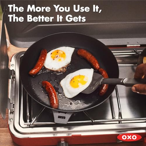 OXO Outdoor Pre-Seasoned Carbon Steel 10" Frying Pan Skillet, Detachable Handle for Easy Storage, Indoor Use, Nonstick with Use, Induction Suitable,Oven & Broiler Safe,Browning, Grill,Sear,Saute,Black - size: 10" Frying Pan Skillet Set