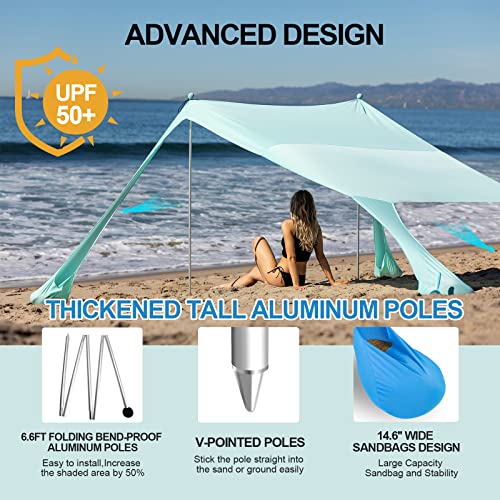 Buheco Beach Tent Pop Up Shade 10x10ft Beach Canopy Sun Shelter UPF50+ with 4 Foldable Poles-Portable Carrying Bag-Sand Shovel-Ground Pegs-Windproof Ropes for Outdoor Family Camping-Fishing- Picnic - color: Turquoise, size: 10x10FT 4 Pole