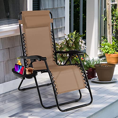 Folding Zero Gravity Reclining Textilene Lounge Chairs, Outdoor Adjustable Patio w/Pillows & Cup Holder Trays for Backyard, Beach, Poolside (BE)