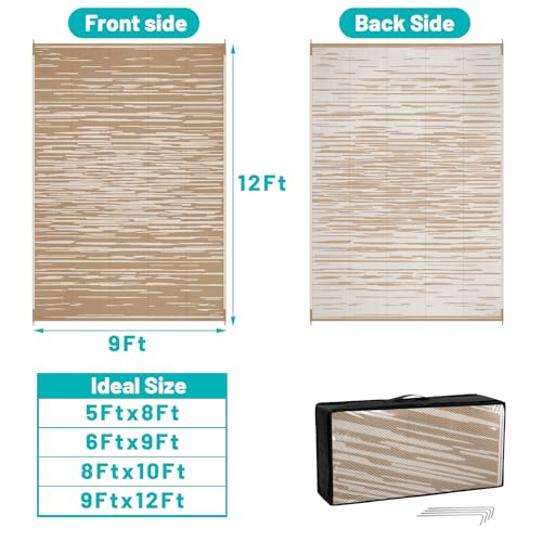 HEBE Outdoor Rug 9'x12' for Patios Clearance, Waterproof Reversible Plastic Straw Rug Camping Mat, Indoor Outdoor Area Rugs Carpet for Deck, Porch, RV, Picnic, Balcony - color: Stripe/Beige, size: 9' x 12' (Rectangular)