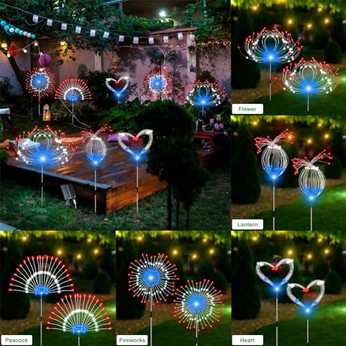 Slyuexu Solar Garden Lights Outdoor, 4 Pack Total 480 LED Solar Firework Lights Decorative 4th of July Decoration, Outdoor Waterproof Lights for Outside Yard Garden Pathway Decor - color: American Color, size: 4 Pack