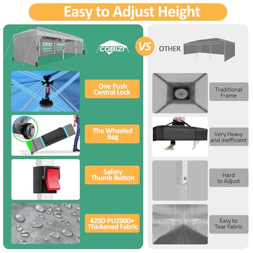 COBIZI 10x30 Party Tent: 10x30 Pop Up Canopy with Wheeled Bag - Tents for Parties with Patented Center-Lock Tech, 420D Waterproof Fabric, Easy Setup Canopy Tent with Removable Sidewalls, (Gray) - color: Gray, size: 10x30ft With 5 Sidewalls