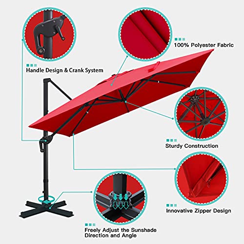 Sunnyglade 10x10Ft Cantilever Patio Umbrella Square Deluxe Offset Umbrella 360°Rotation & Integrated Tilting System Heavy Duty Patio Hanging Umbrella for Market Garden Deck Pool Backyard Patio (Red) - color: Red, size: 10 x 10 ft