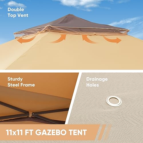 11x11 FT Gazebo Tent, Outdoor Tents for Parties with Mosquito Netting, Folding Heavy Duty Height Adjustable Canopy Tent for Patio Backyard Garden (Brown) - color: Brown