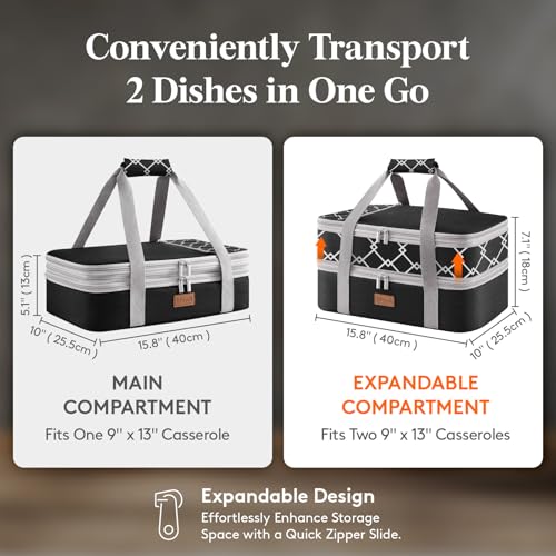 Lifewit Insulated Double Decker Casserole Carrier, Expandable Lasagna Lugger Tote Bag for Hot or Cold Food, Fits 9" x 13" Baking Dish for Potluck Parties, Picnic and Cookouts, Black-Geometric - color: Black-Geometric