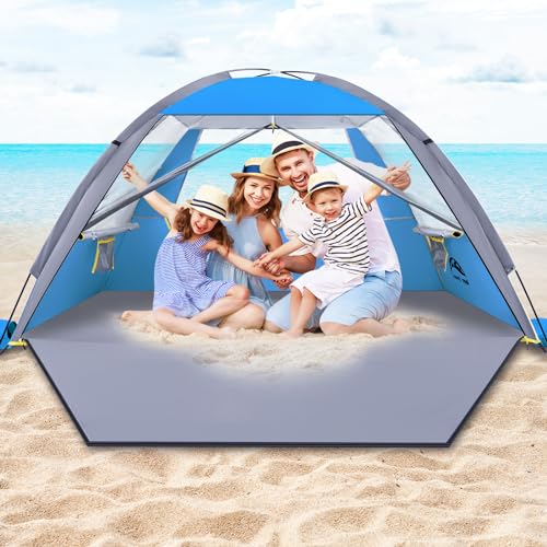 Happy Travel Beach Tent, UPF 50+ UV Protection Sun Shade Shelter for 3/4/5/6/7/8 Person, Portable Beach Canopy for Family & Baby, Lightweight & Easy Setup Beach Cabana with 3 Ventilation Mesh Windows - color: Dark Blue, size: 4 Person