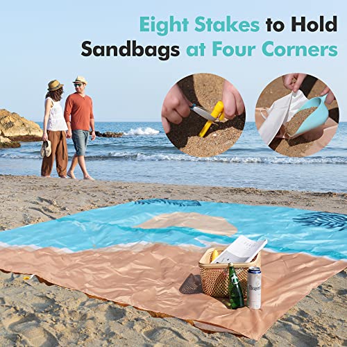 VILLEY Extra Large Waterproof Sandproof Beach Mat 128"x108" for 6-8 Adults, Oversized Beach Blanket with 8 Stakes & 4 Corner Pockets, Outdoor Accessories for Travel, Camping - color: Sunset