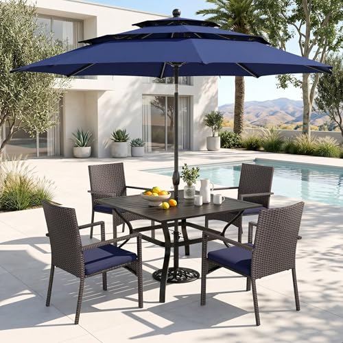 PHI VILLA 5 Piece Outdoor Dining Set with Umbrella, 37" Square Metal Dining Table & Cushioned Rattan Chairs with 10ft Blue Umbrella for Patio, Deck, Yard, Porch - color: Navy Blue, size: 5PCS 37" Steel Table