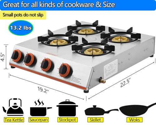 Horynar Propane Stove 4 Burner,Gas Stove Auto Ignition, 41,000 BTU Propane Burner Thickened Stainless Steel,Very Sturdy, Easy to Clean, LPG for Outdoor Cooking, RV, Emergency